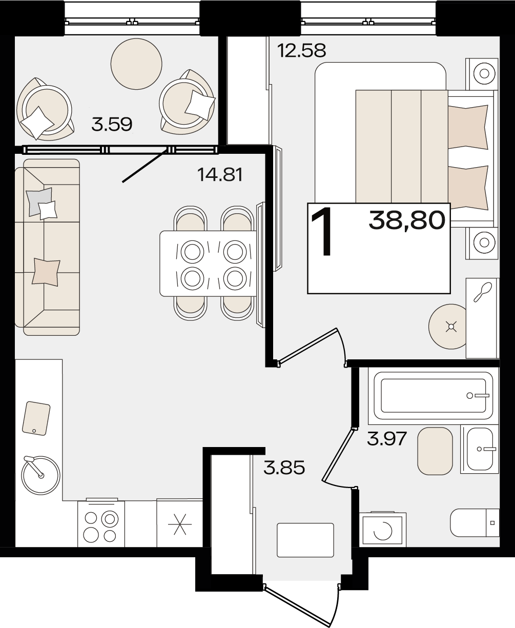 Планировка: 1-комн. квартира 37 м²