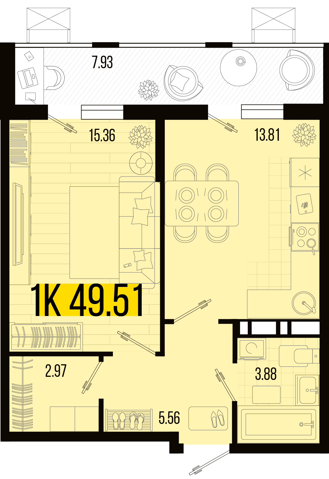 Планировка: 1-комн. квартира 46,2 м²