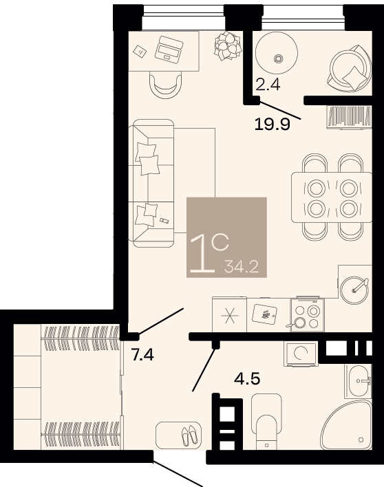 Планировка: Студия 33 м²
