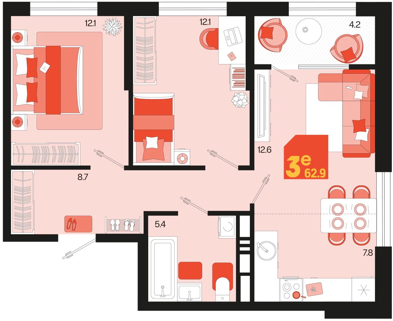 Планировка 3-комнатная 60,8 м²