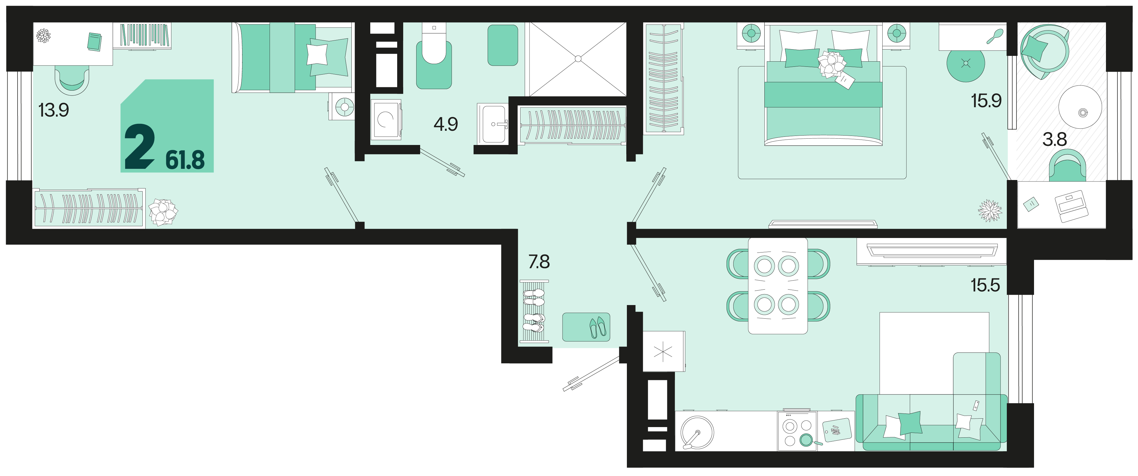 Планировка: 2-комн. квартира 59,9 м²