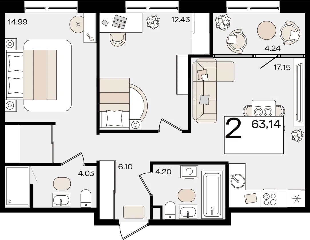 Планировка: 2-комн. квартира 61 м²