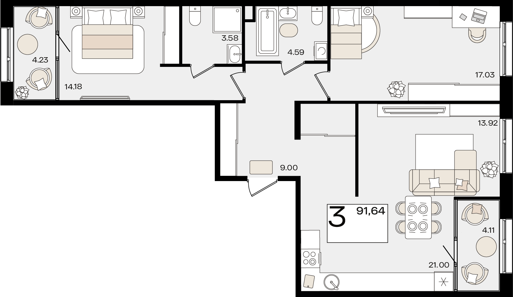 Планировка: 3-комн. квартира 87 м²