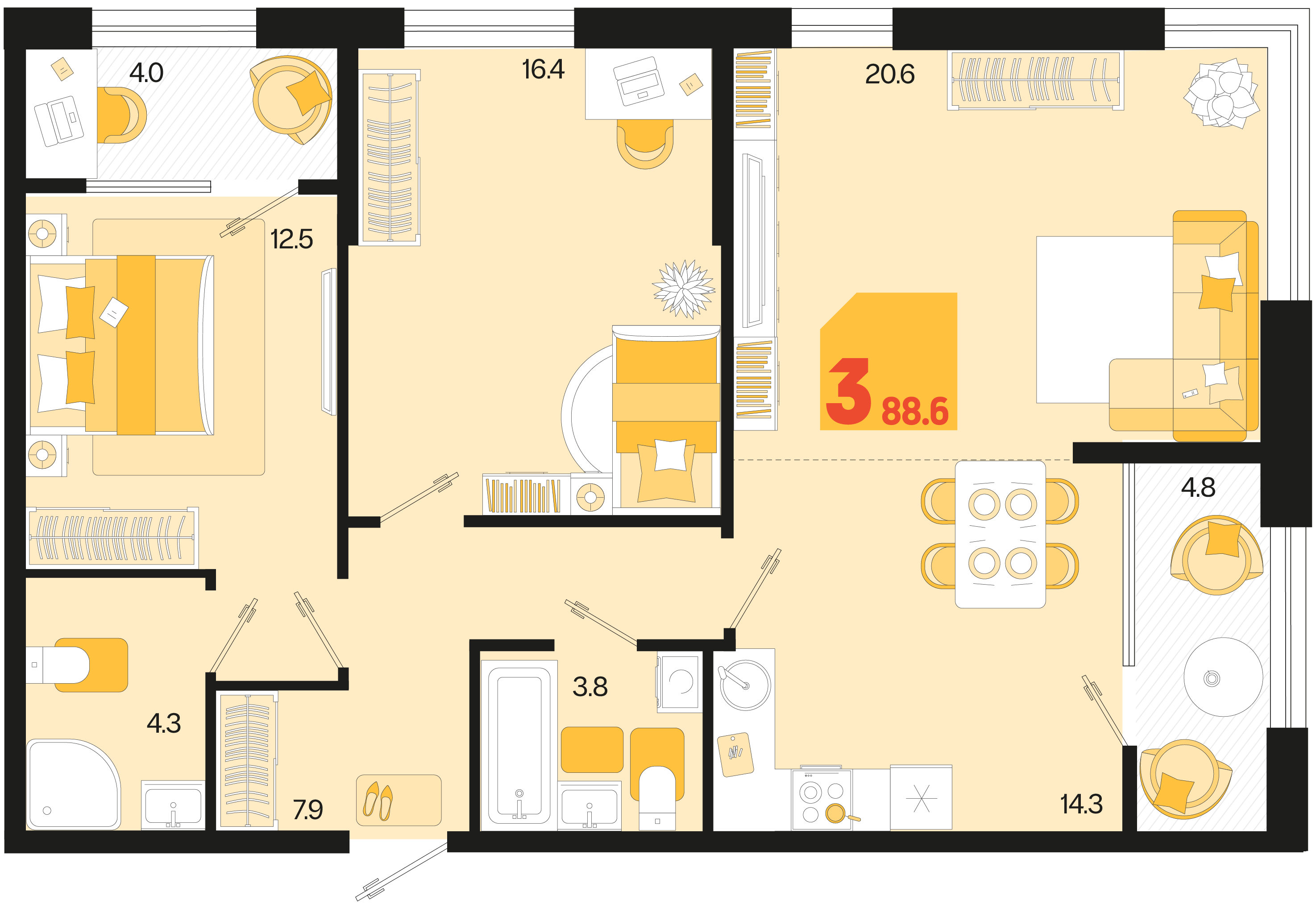 Планировка: 3-комн. квартира 84,2 м²
