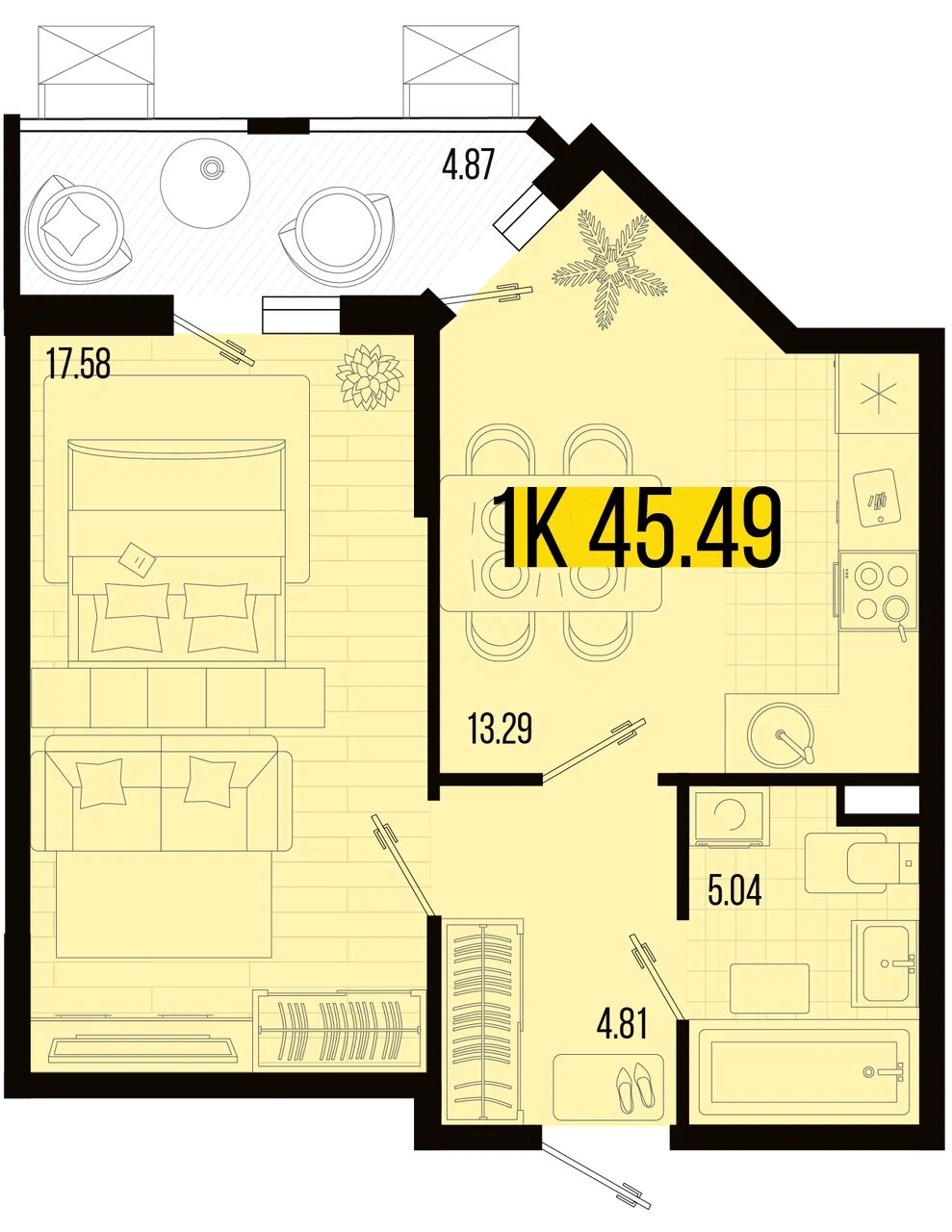 Планировка 1-комнатная 43,15 м²