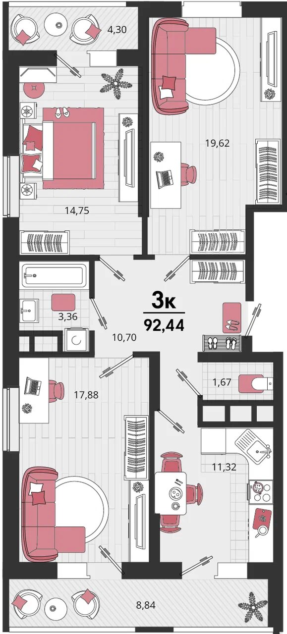Планировка: 3-комн. квартира 85,9 м²