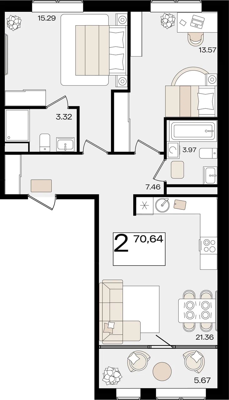 Планировка: 2-комн. квартира 67,7 м²