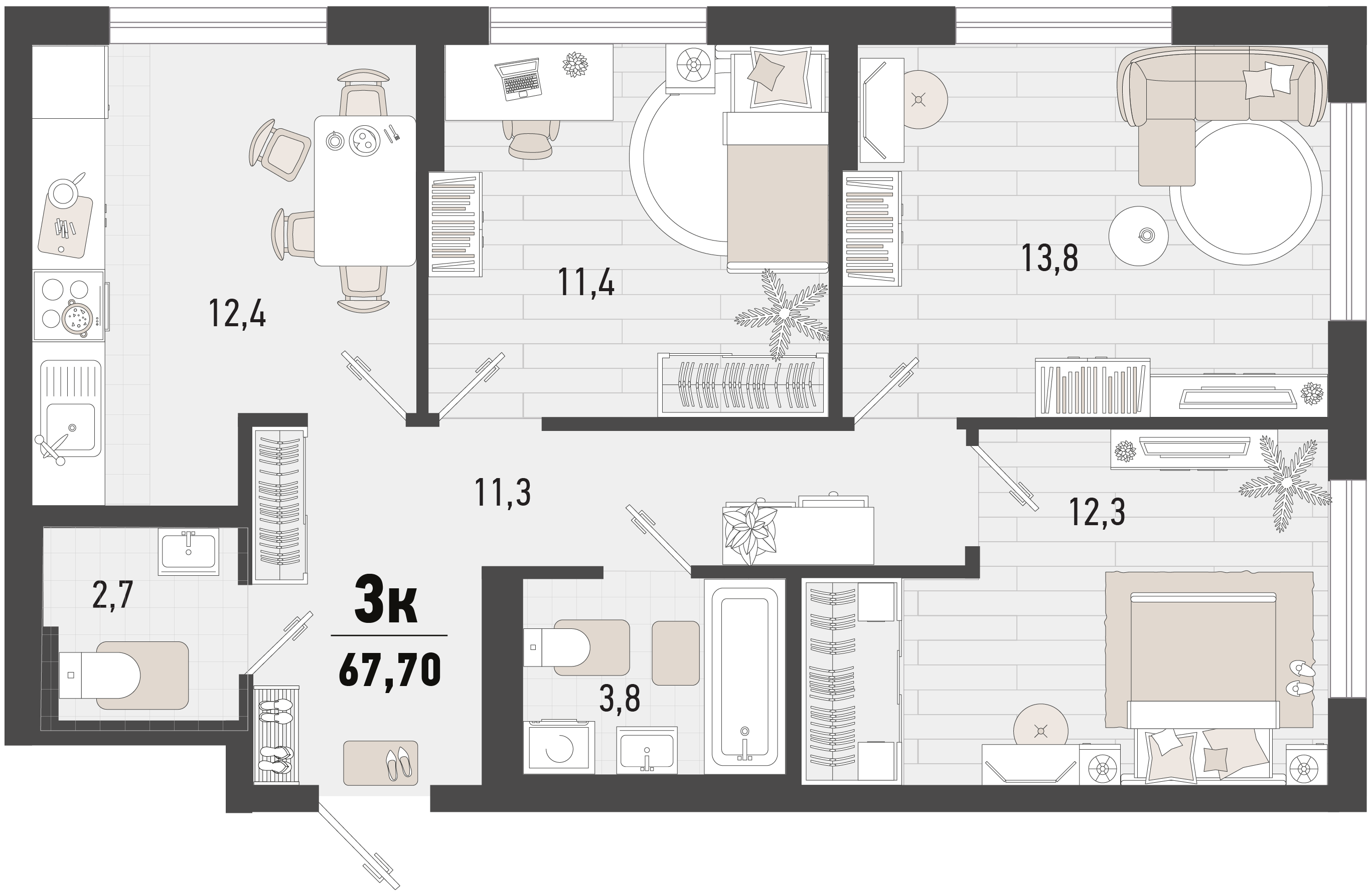 Планировка 3-комнатная 67,7 м²