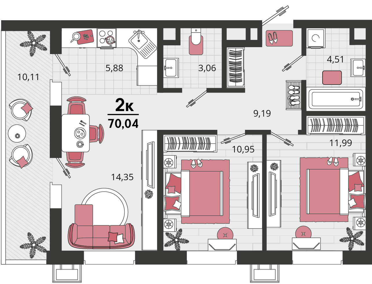 Планировка: 3-комн. квартира 65 м²