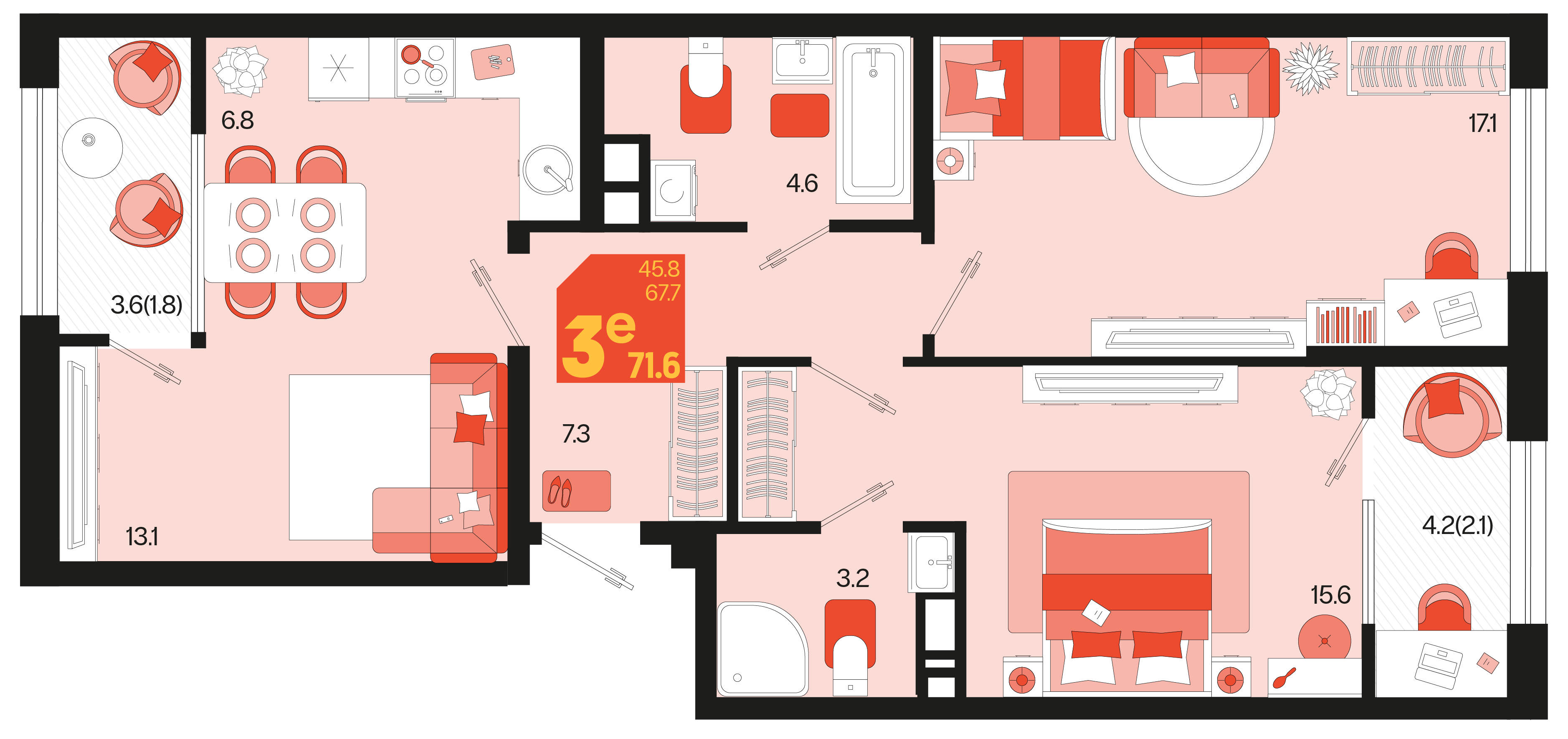 Планировка: 3-комн. квартира 71,6 м²