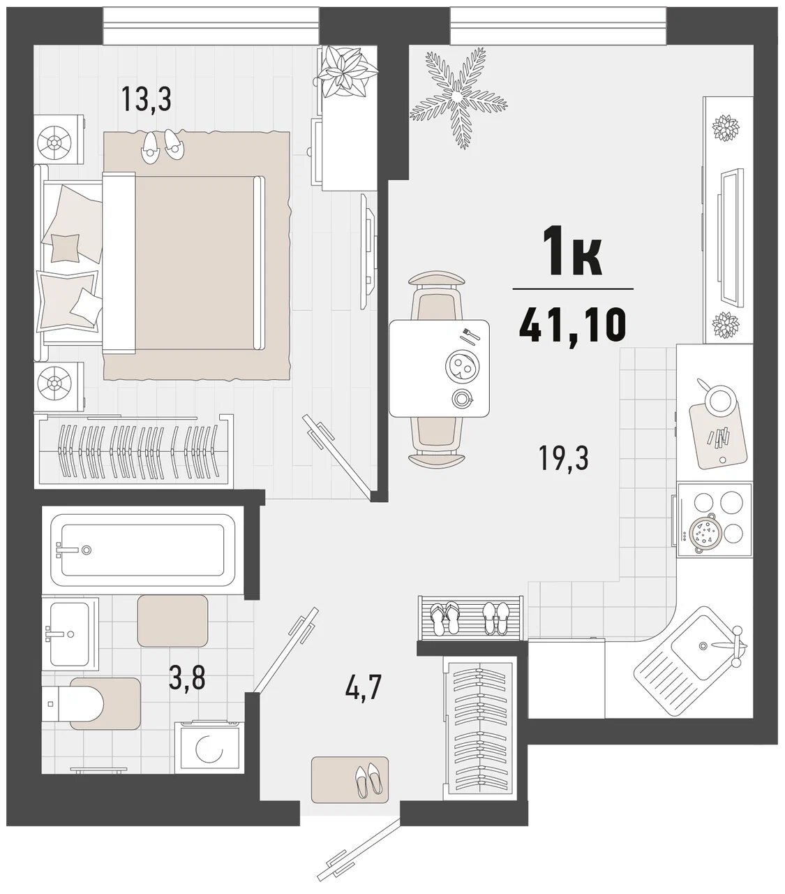 Планировка: 1-комн. квартира 41,1 м²