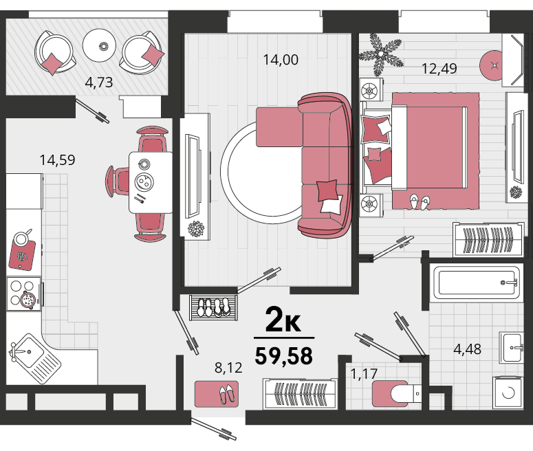 Планировка: 2-комн. квартира 56,9 м²