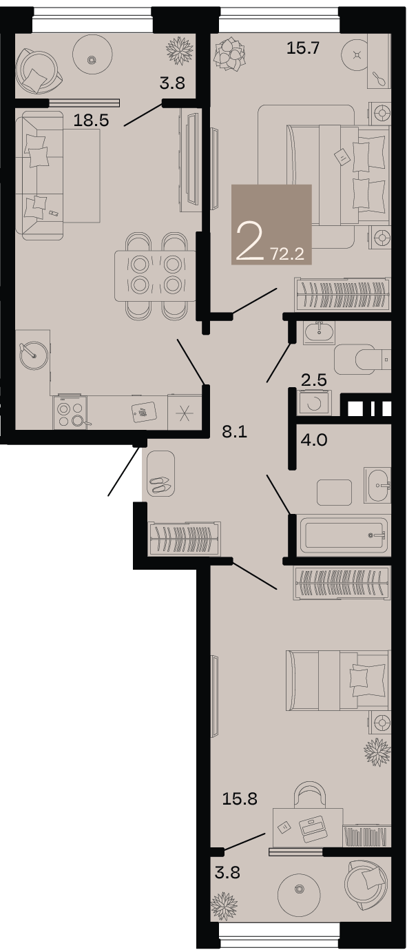 Планировка 2-комнатная 68,4 м²