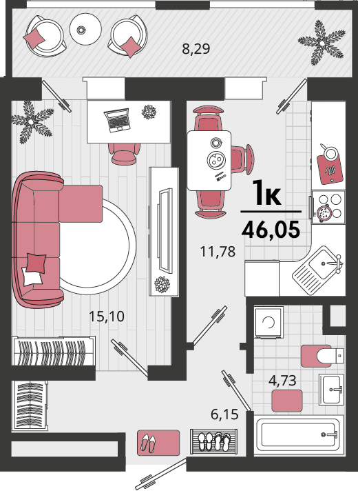 Планировка: 1-комн. квартира 40,3 м²