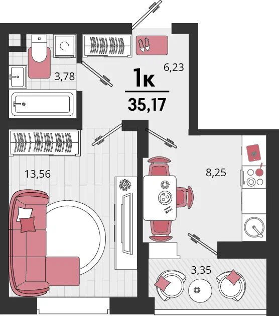 Планировка: 1-комн. квартира 33,5 м²