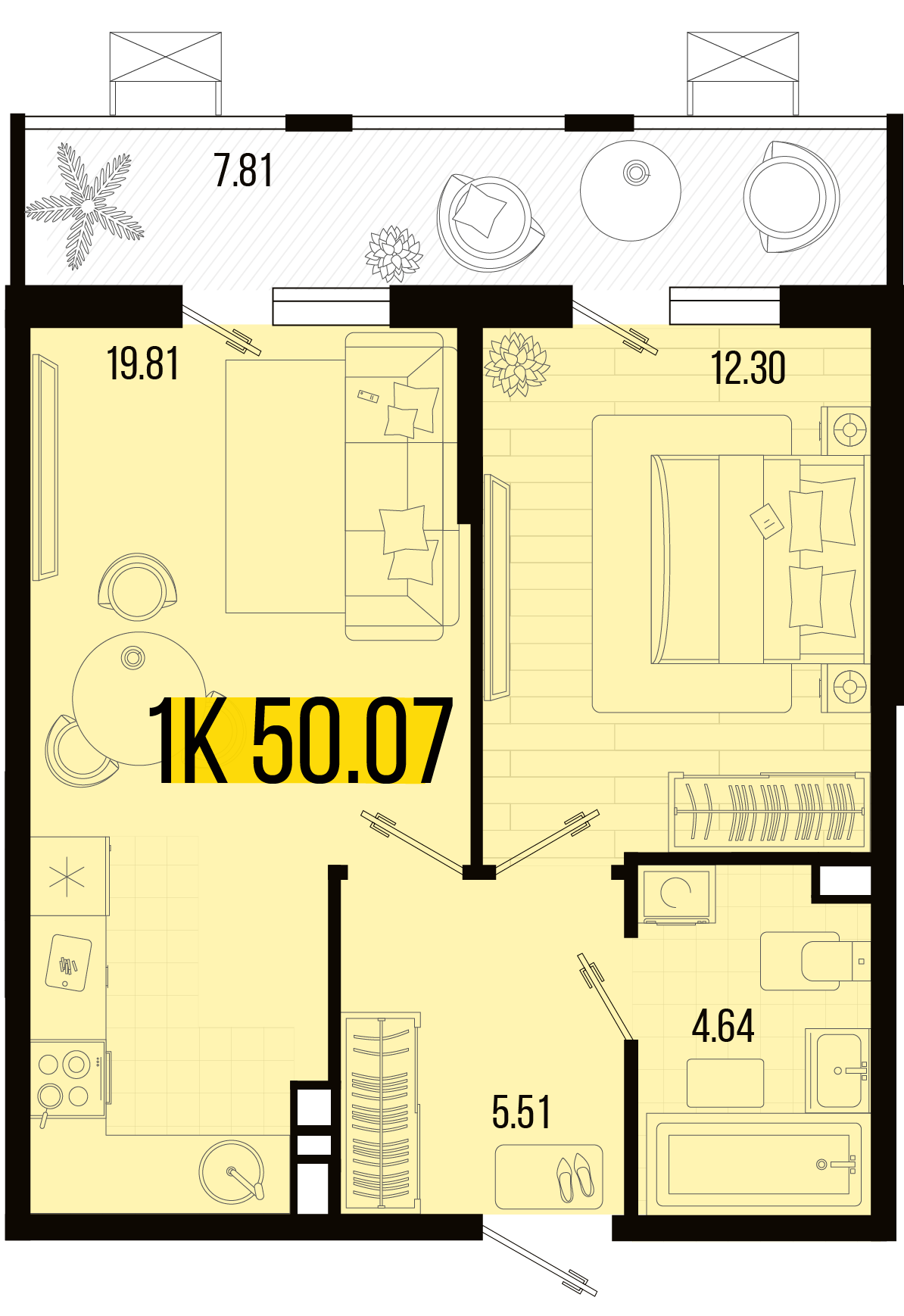 Планировка: 1-комн. квартира 46,2 м²