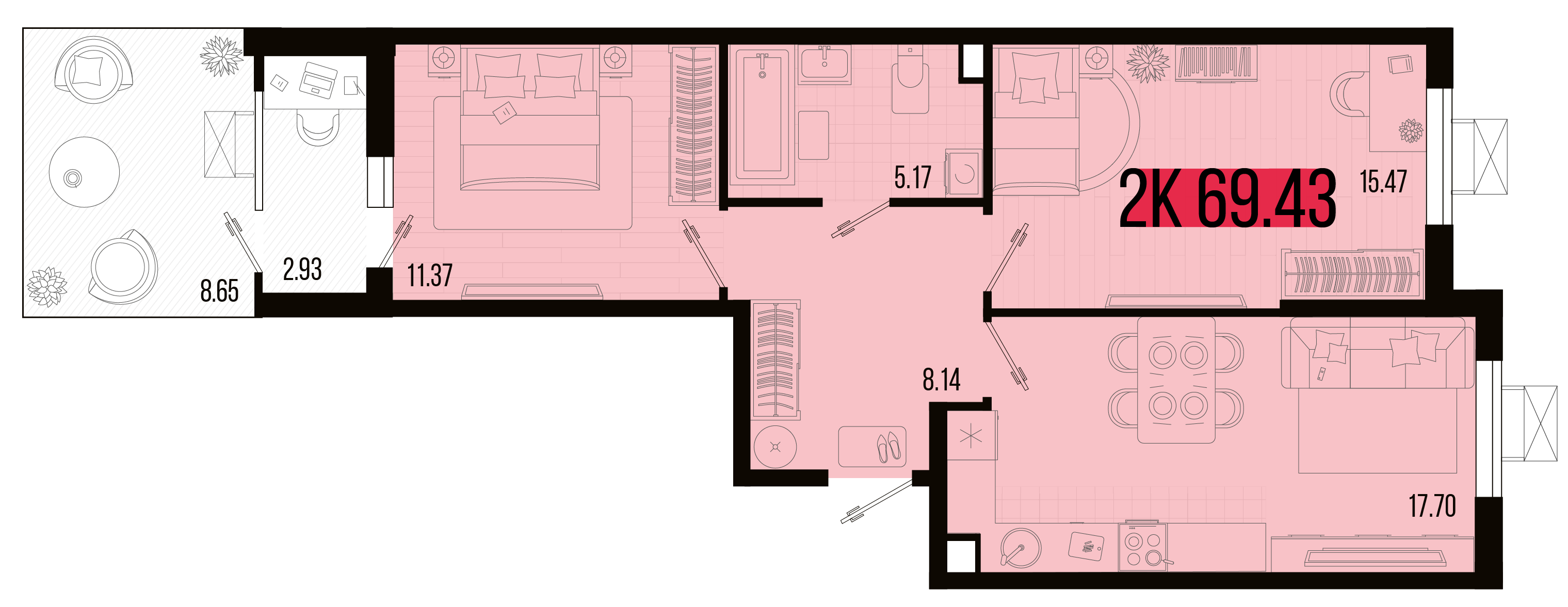 Планировка: 2-комн. квартира 62,7 м²