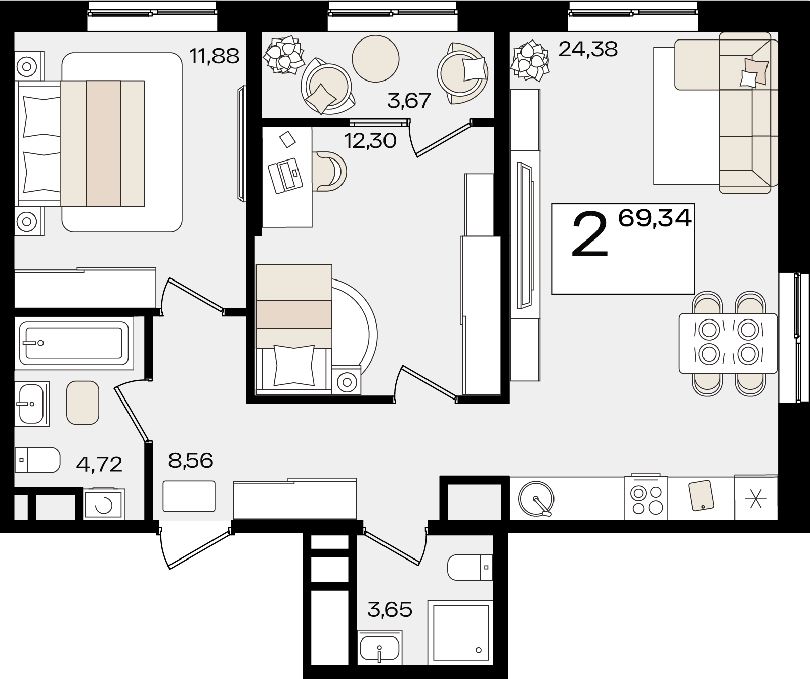 Планировка: 2-комн. квартира 67,5 м²