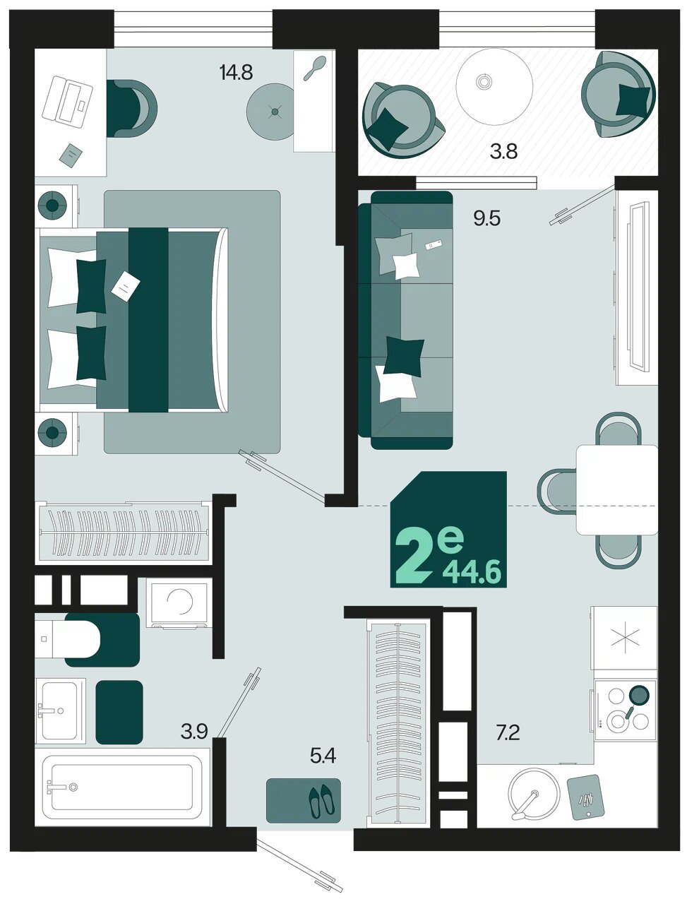 Планировка: 2-комн. квартира 42,7 м²