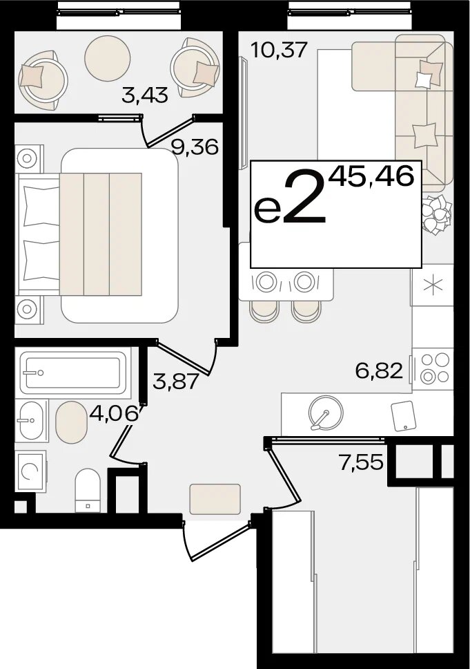 Планировка 2-комнатная 44,05 м²