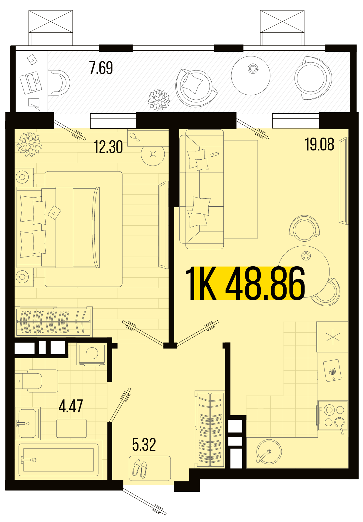 Планировка 1-комнатная 45,02 м²