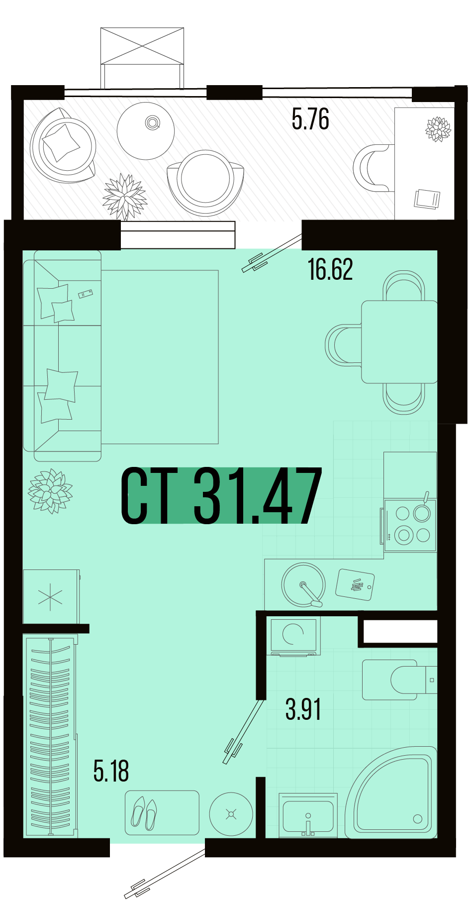 Планировка: Студия 29,3 м²