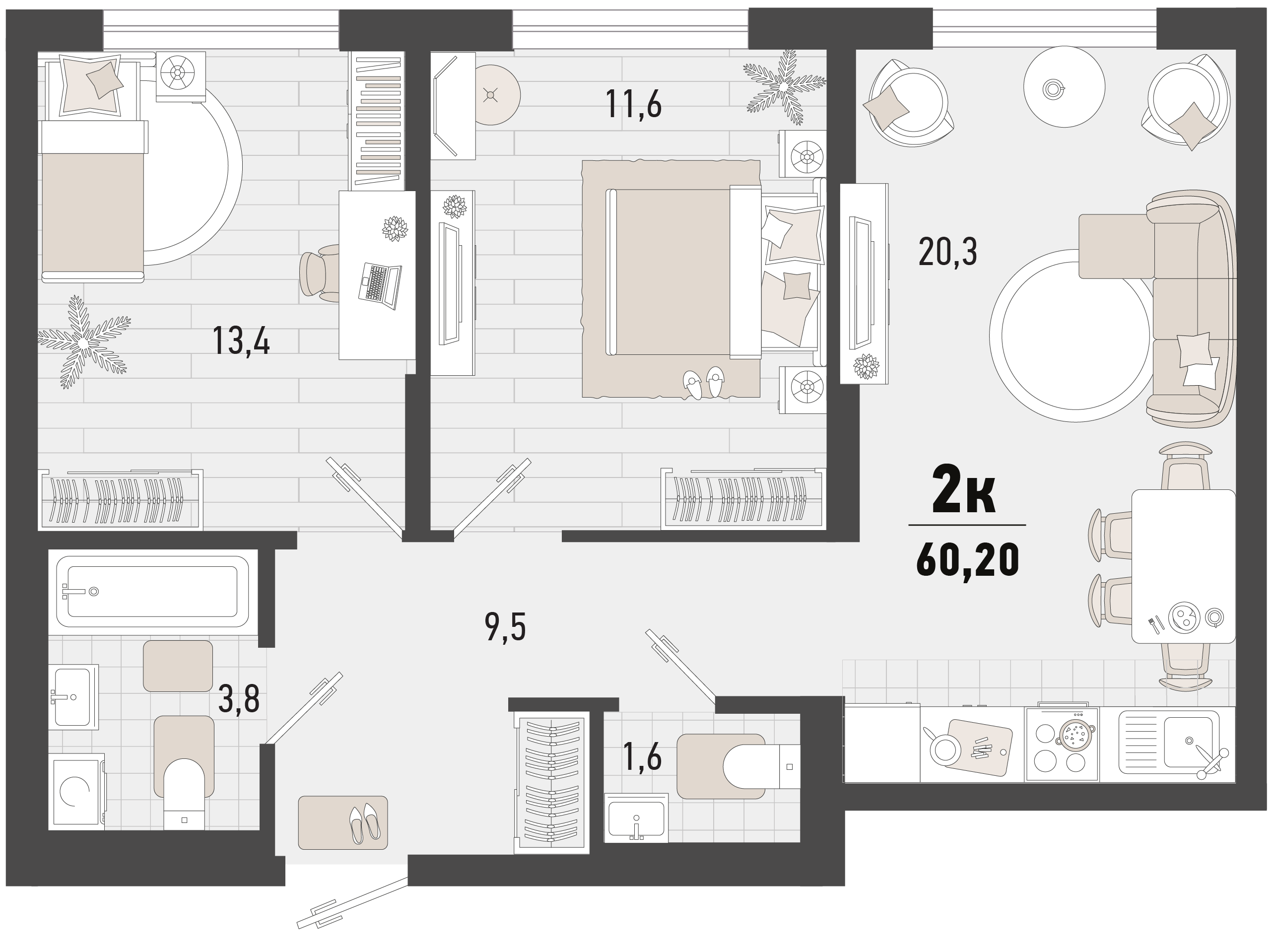 Планировка: 2-комн. квартира 60,2 м²