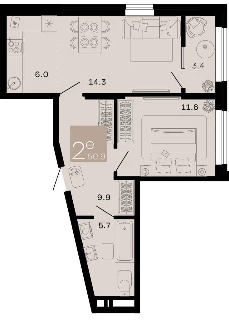 Планировка 2-комнатная 49,2 м²