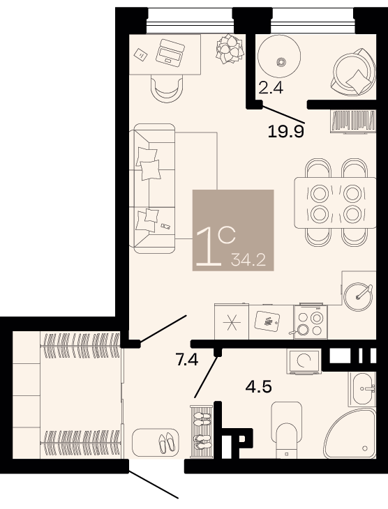 Планировка: Студия 33 м²