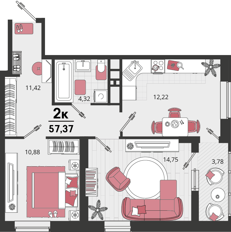 Планировка: 2-комн. квартира 55,5 м²