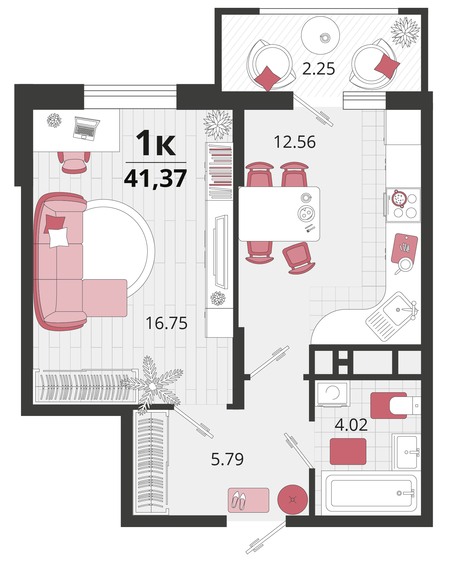 Планировка: 1-комн. квартира 41,7 м²