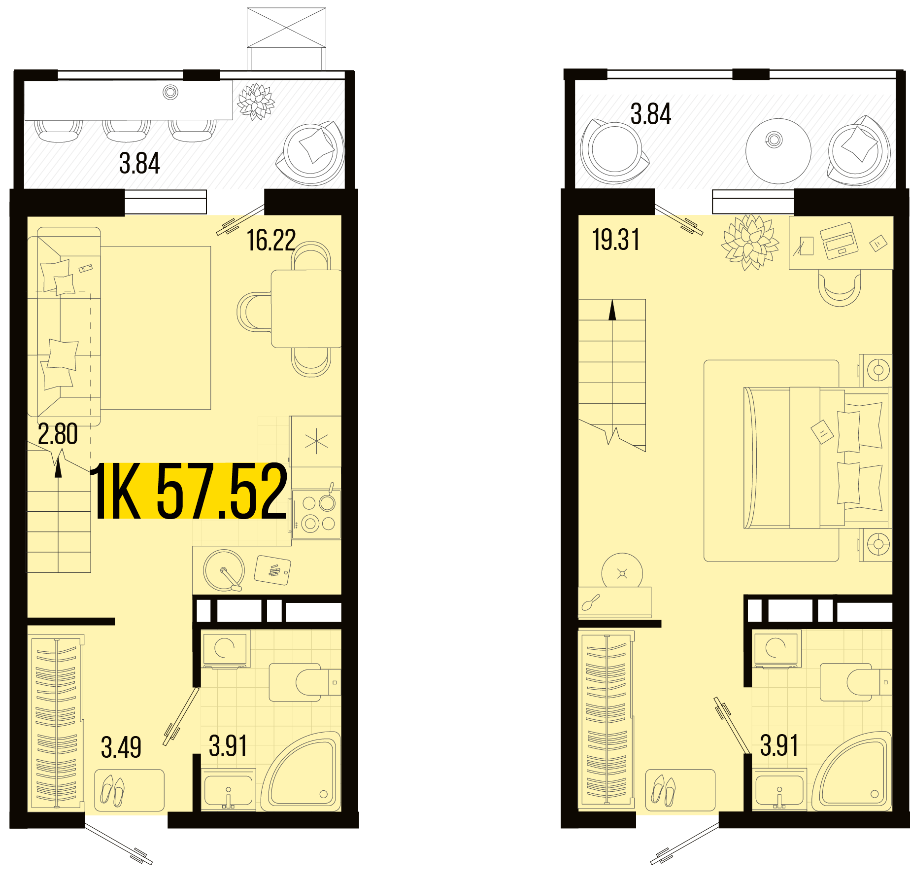 Планировка: 1-комн. квартира 53,5 м²
