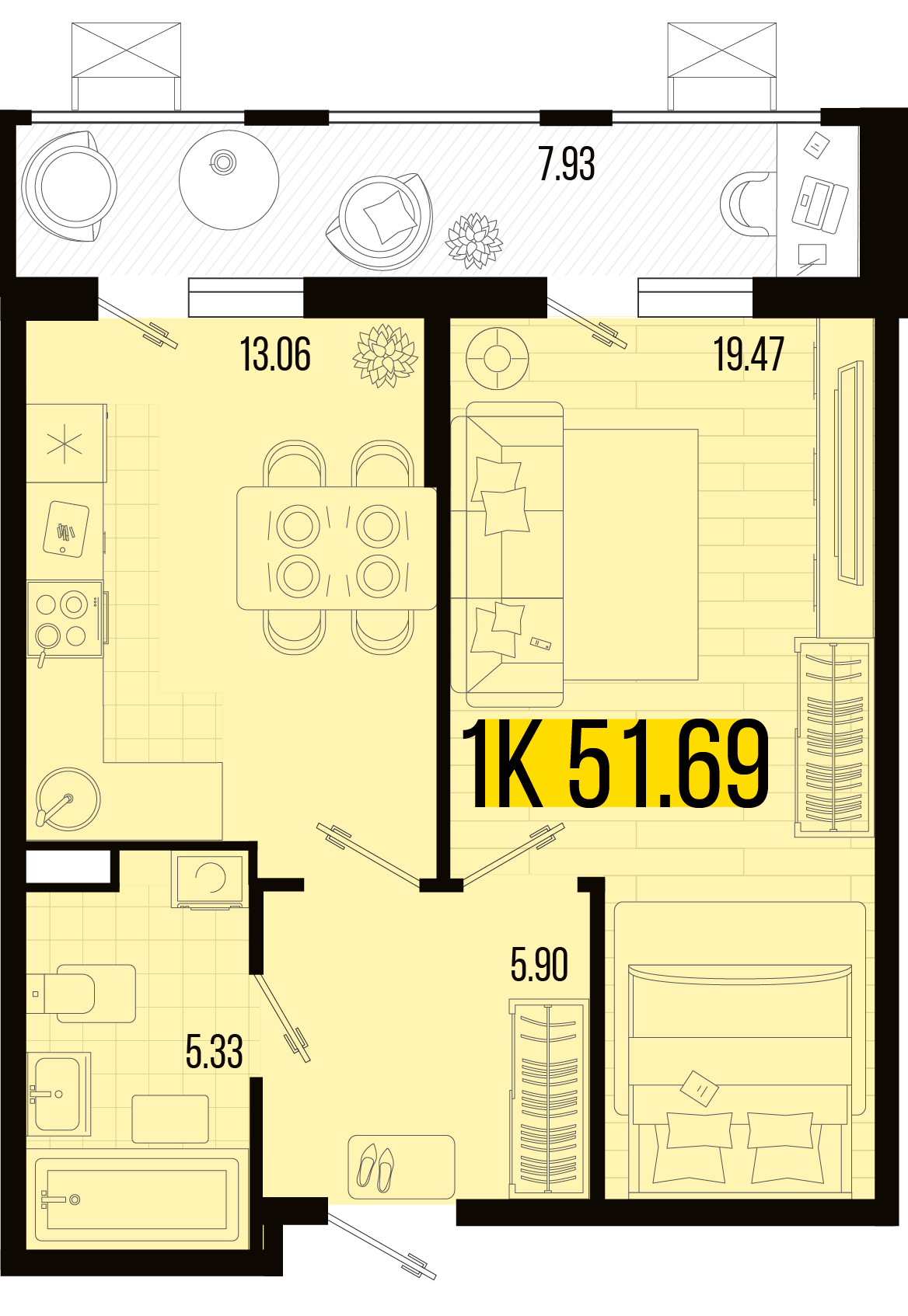 Планировка 1-комнатная 48,15 м²