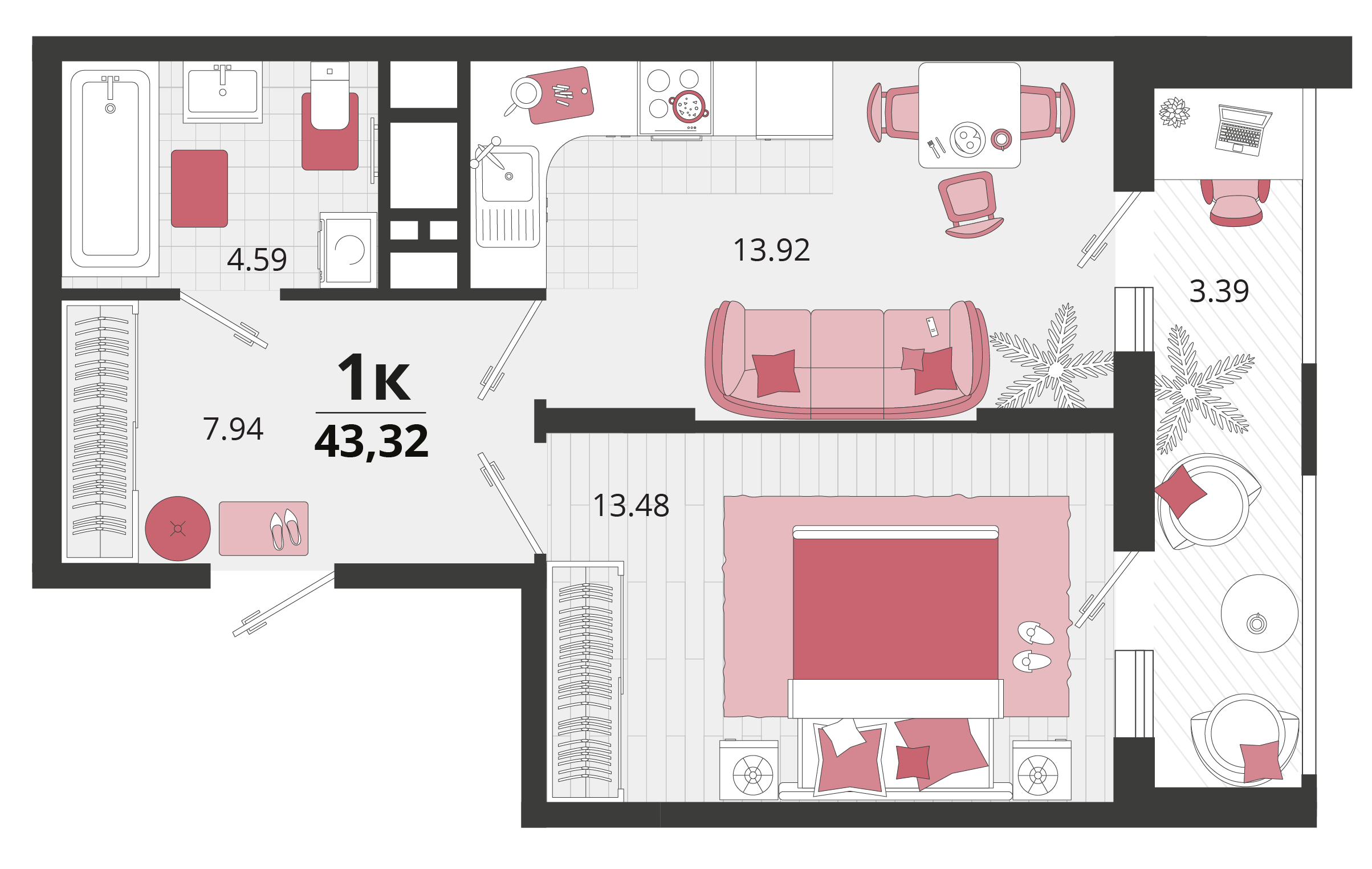 Планировка: 1-комн. квартира 42,6 м²
