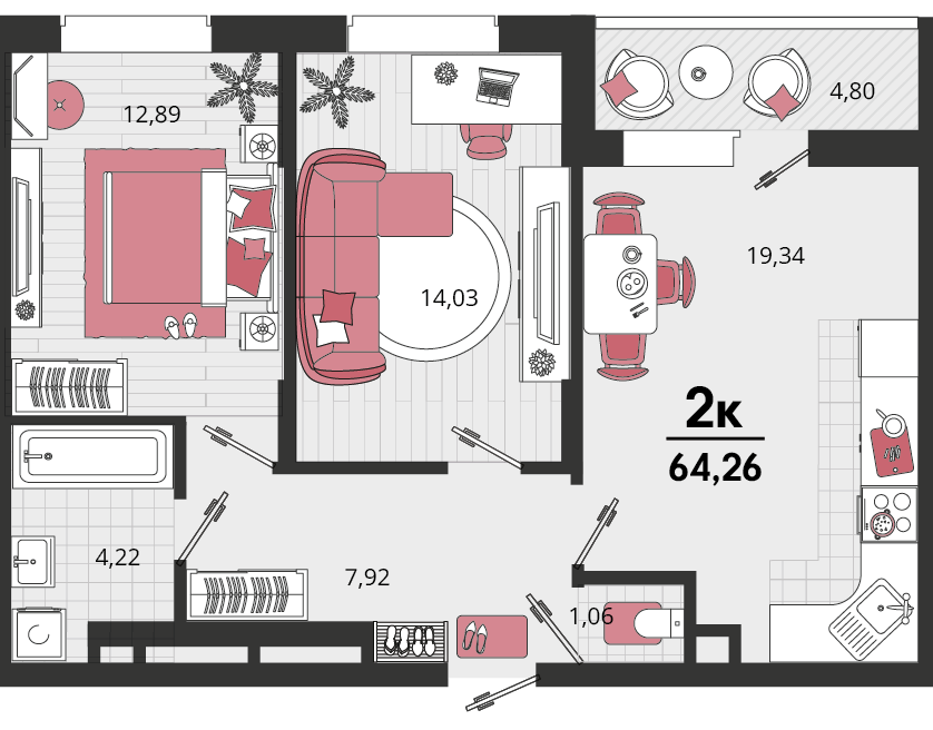 Планировка: 2-комн. квартира 61 м²
