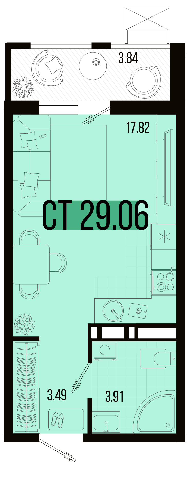 Планировка: Студия 27,1 м²