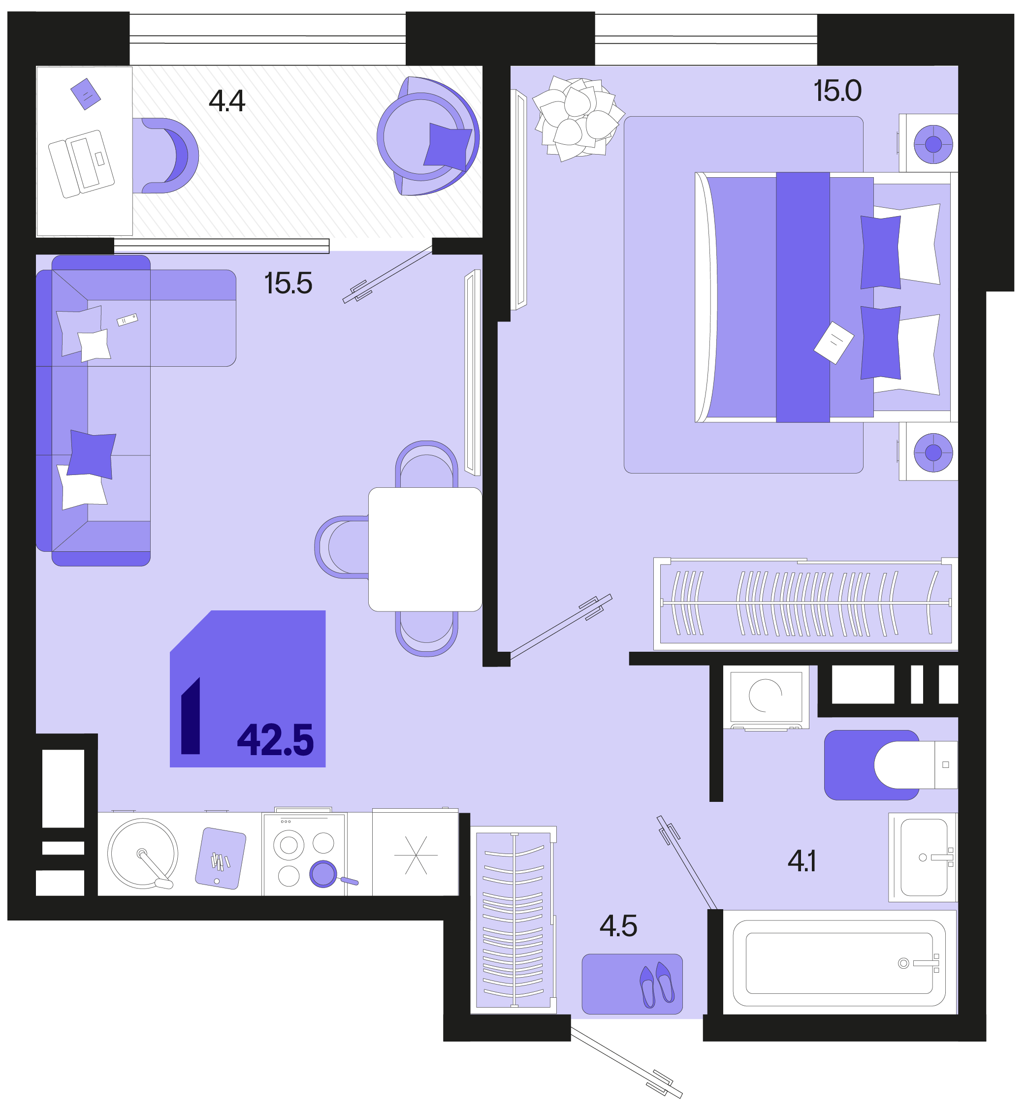 Планировка 1-комнатная 41,3 м²