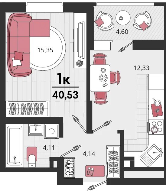Планировка 1-комнатная 38,23 м²
