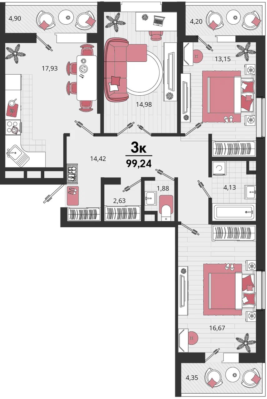 Планировка: 3-комн. квартира 91 м²