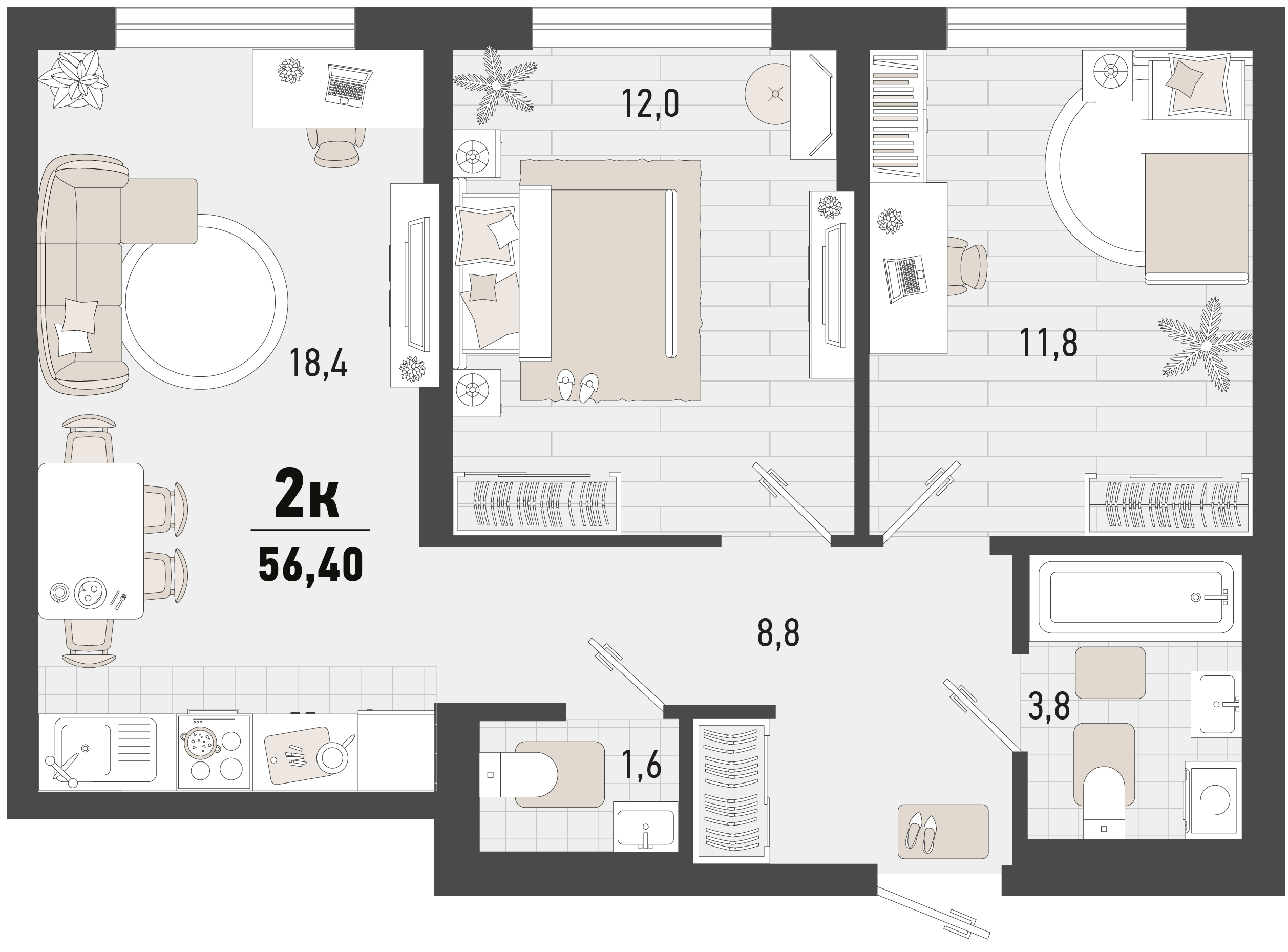 Планировка 2-комнатная 56,4 м²