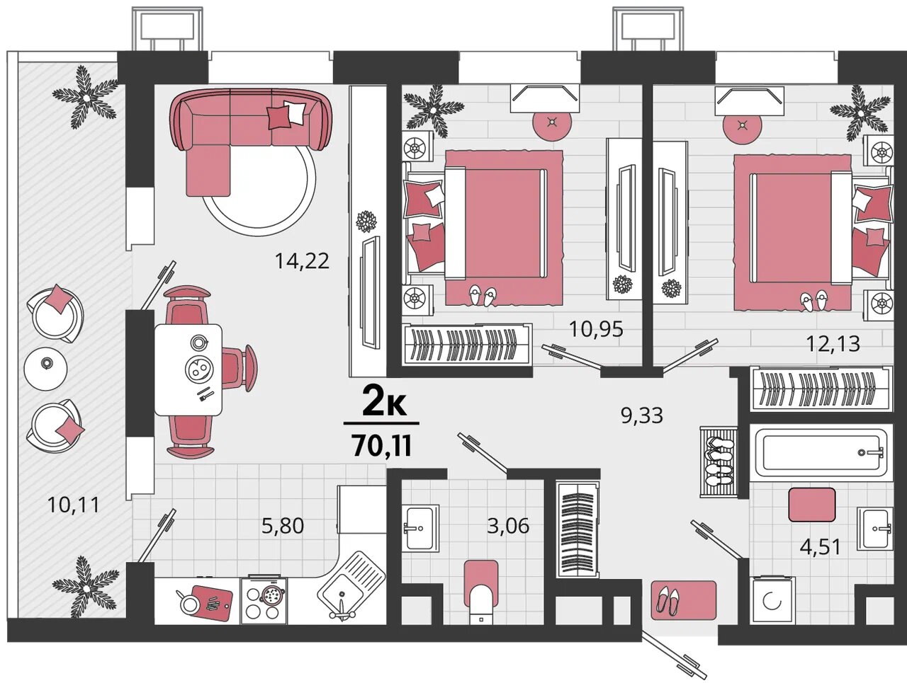 Планировка 3-комнатная 65,06 м²