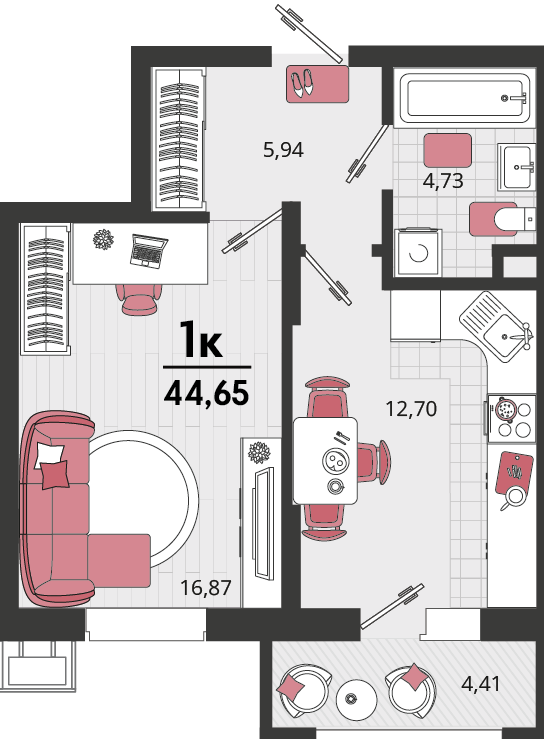 Планировка: 1-комн. квартира 41,6 м²