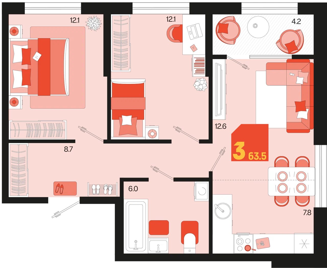 Планировка 3-комнатная 61,4 м²