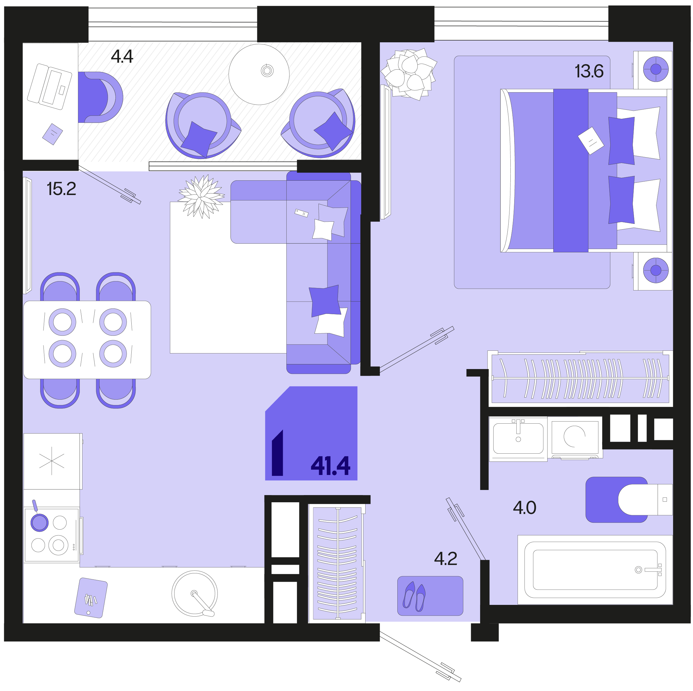 Планировка: 1-комн. квартира 39,2 м²
