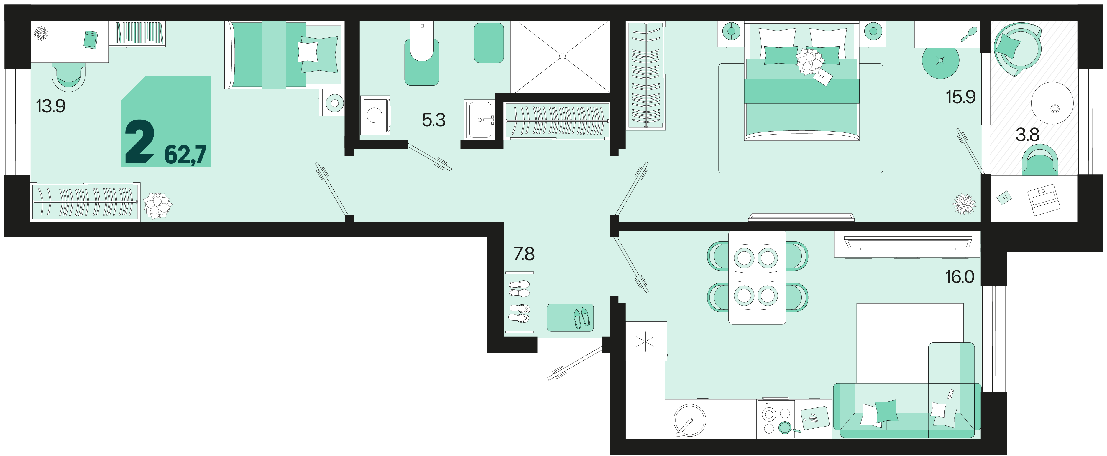Планировка: 2-комн. квартира 60,8 м²