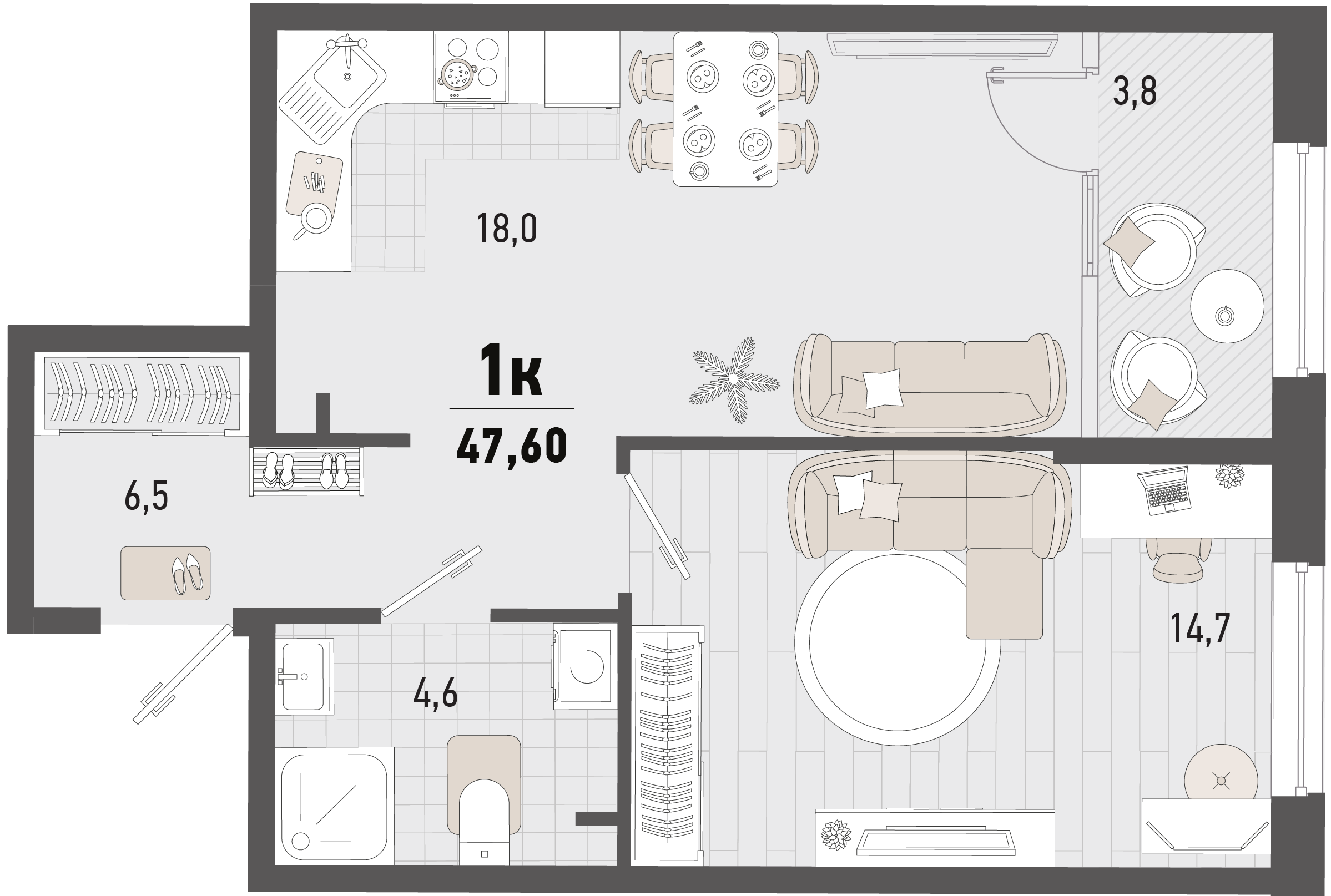 Планировка: 1-комн. квартира 45,7 м²