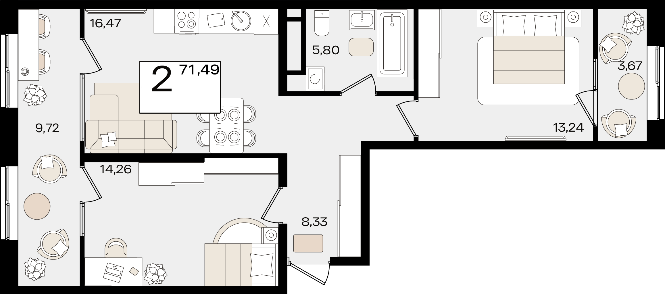 Планировка: 2-комн. квартира 64,8 м²