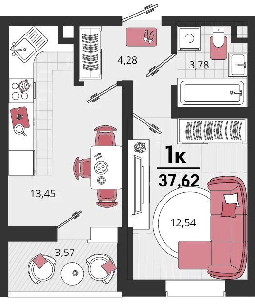 Планировка: 1-комн. квартира 35,8 м²