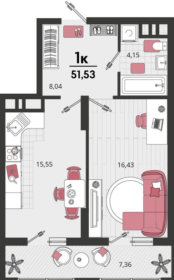 Планировка: 1-комн. квартира 47,9 м²