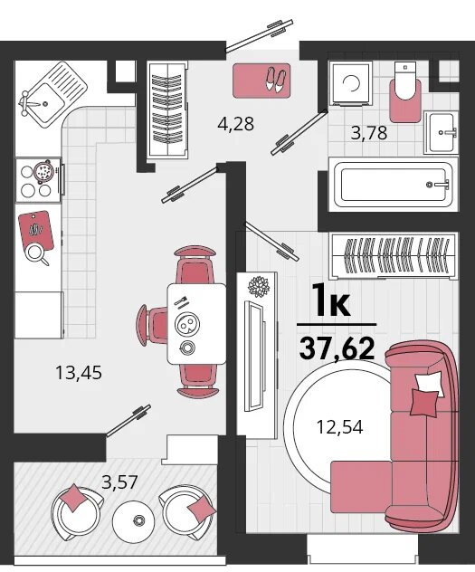 Планировка 1-комнатная 35,25 м²